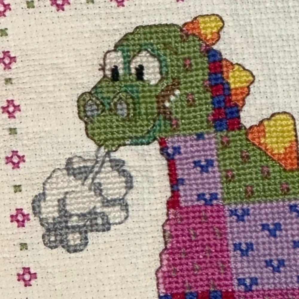 Vtg Handmade Puff the Magic Dragon Cross-stitch‎ Pillow Pink White Lace 13x13